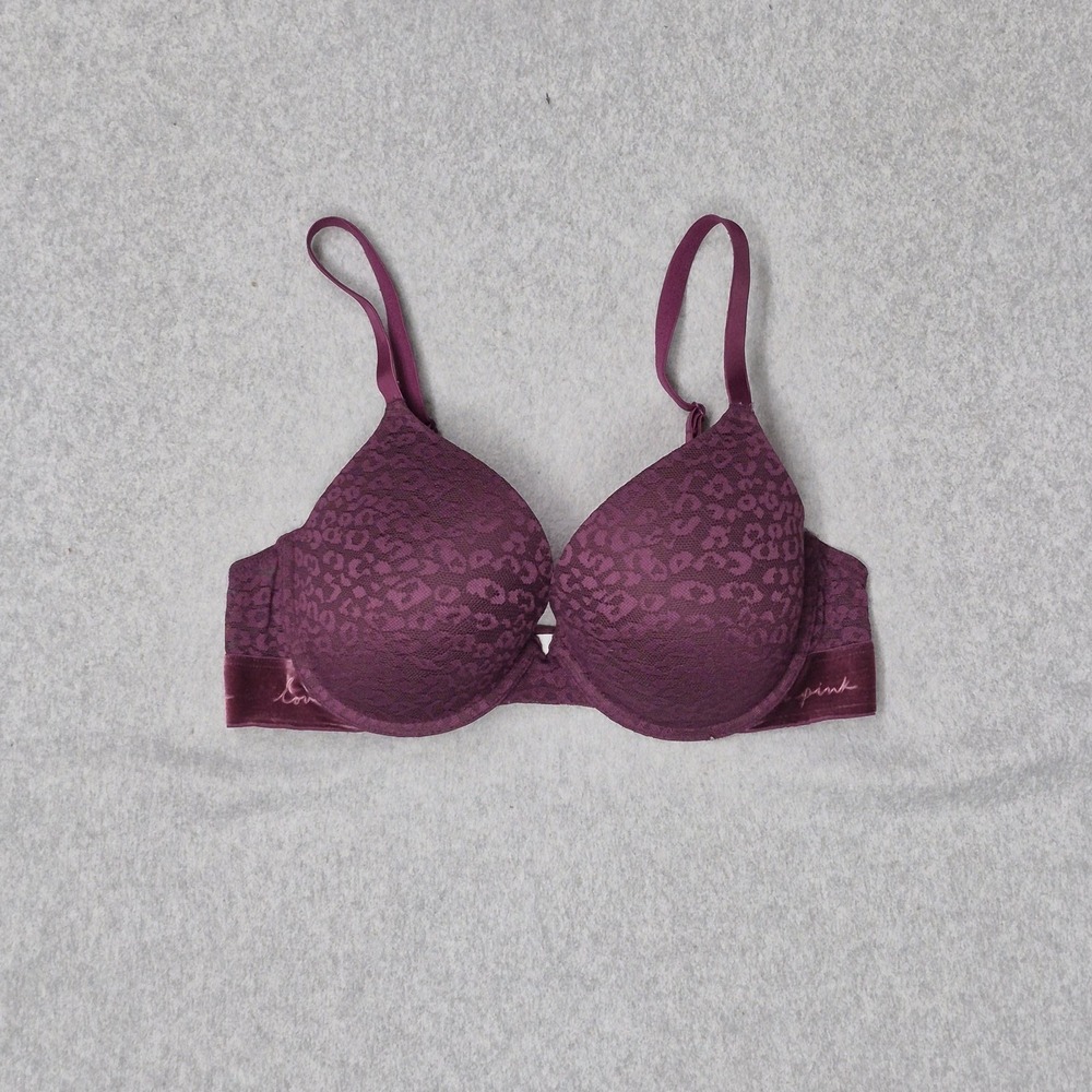 PINK‎ Women Bra 34D Purple Animal Print T Shirt Underwired Lace Strap